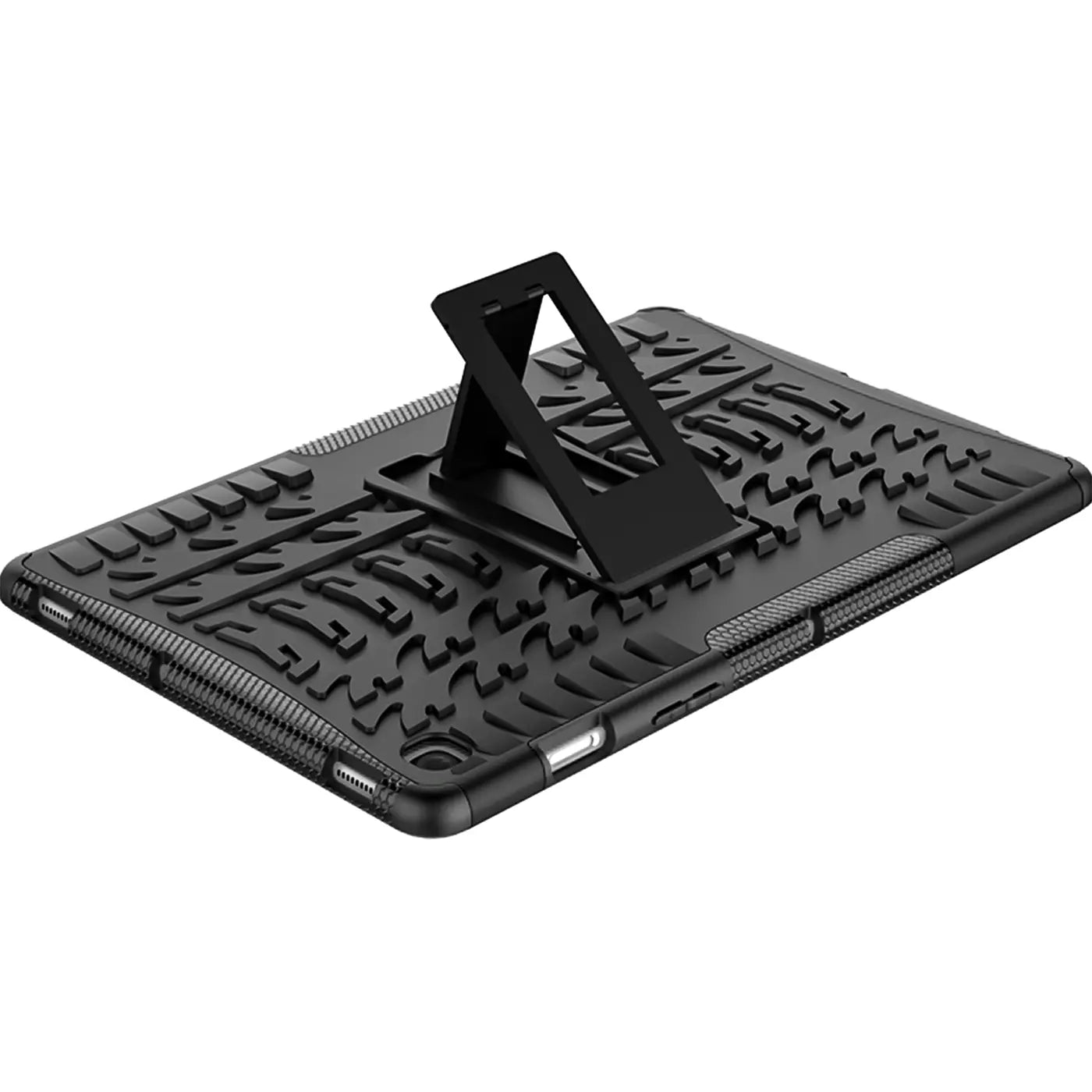 Schwarze Outdoor-Tablet-Hülle aus Gummi mit integriertem Ständer, Seitenansicht.