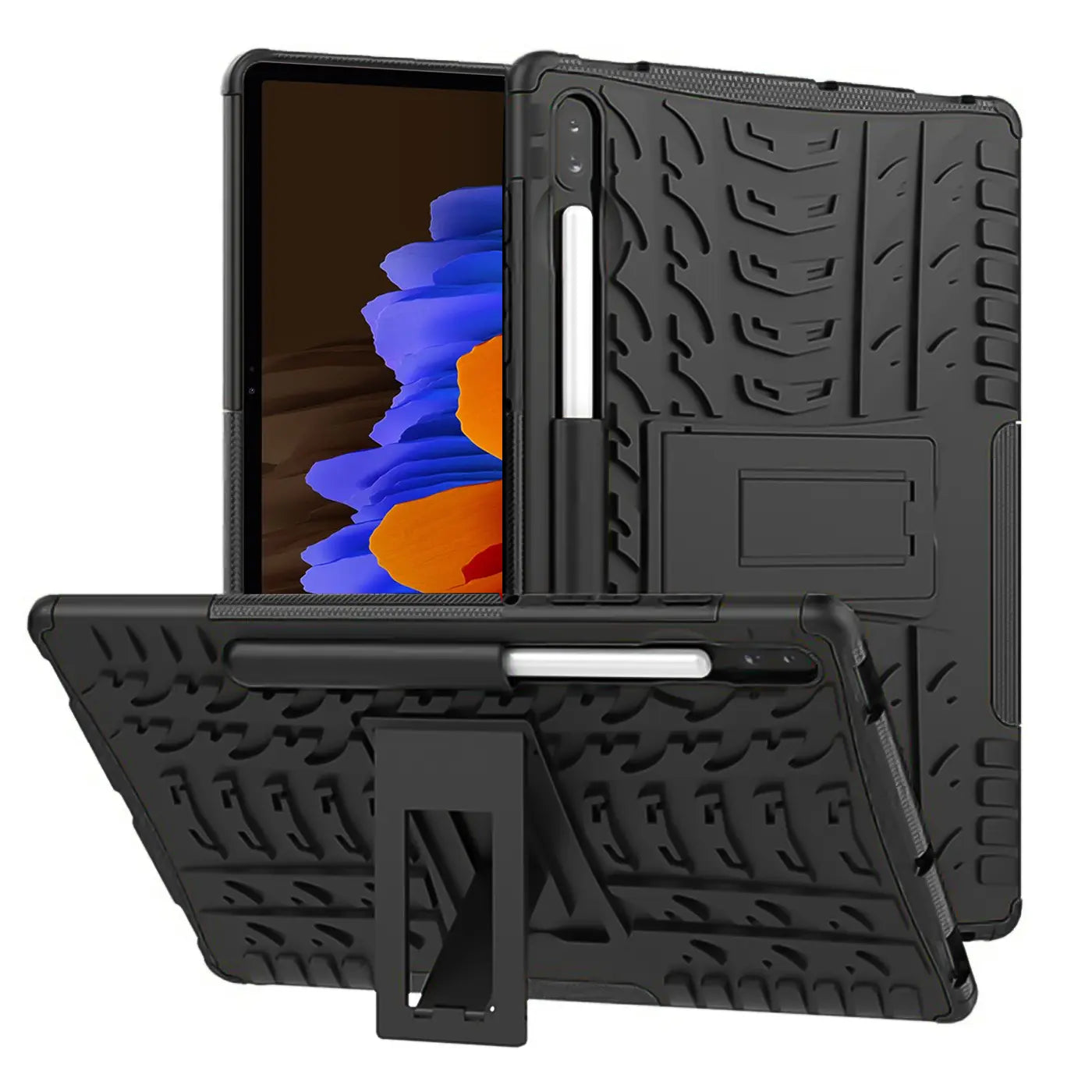 Schwarze Outdoor-Hülle aus Gummi für Samsung Galaxy Tab S7/S8 mit Ständer, Seitenansicht.