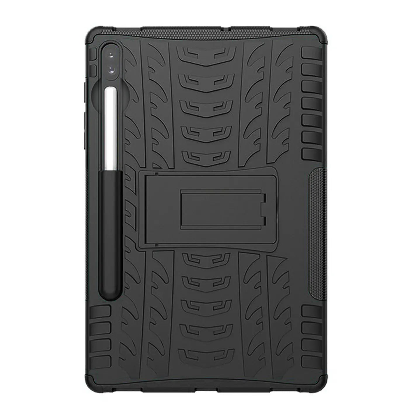 Schwarze Outdoor-Hülle aus Gummi für Samsung Galaxy Tab S7/S8 mit Ständer und Stifthalter, Rückansicht.