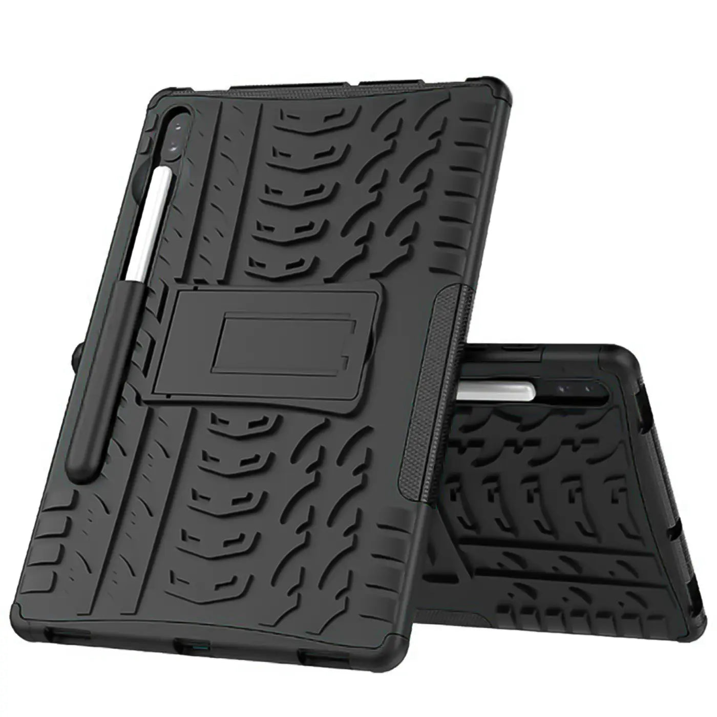 Schwarze Outdoor-Hülle aus Gummi für Samsung Galaxy Tab S7/S8 mit Ständer und Stifthalter, von vorne schräg fotografiert.