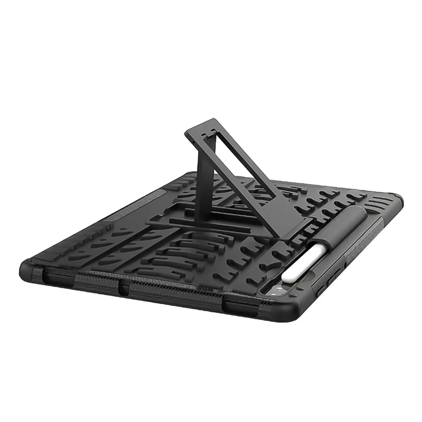 Schwarze Outdoor-Tablet-Hülle aus Gummi mit Ständer und Stifthalter, von schräg oben