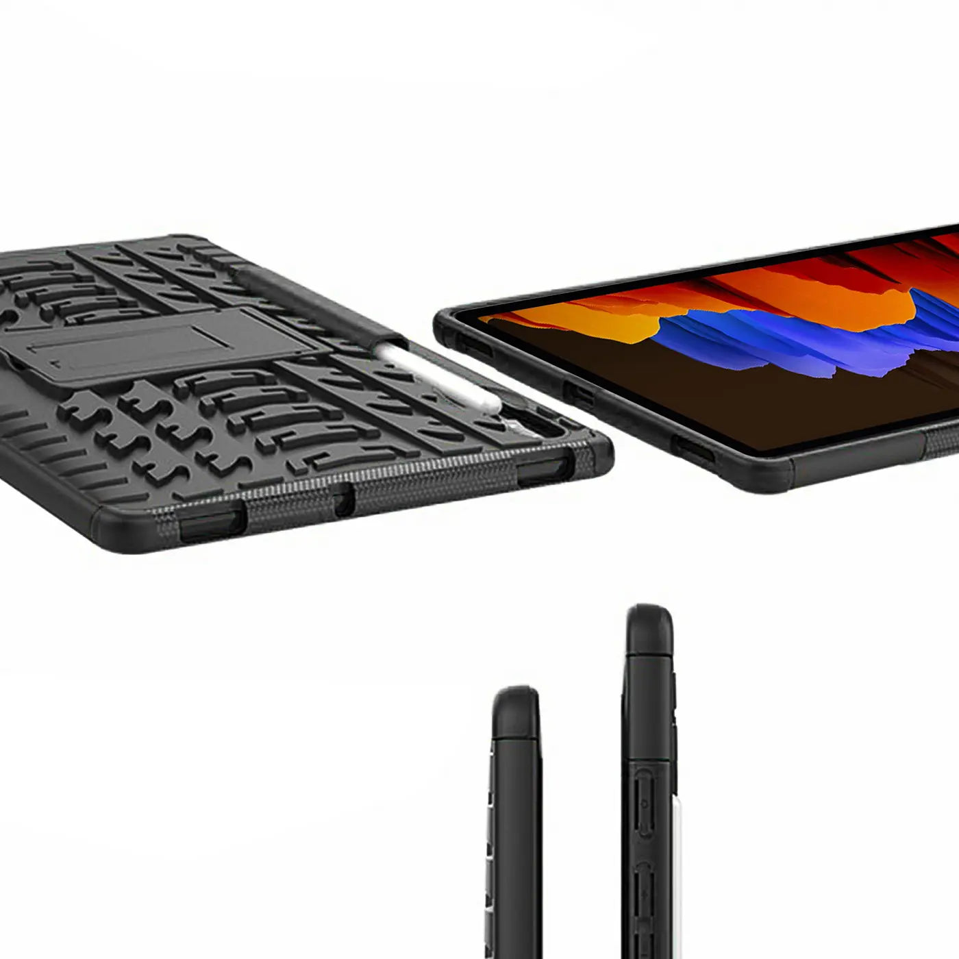 Schwarze Outdoor-Hülle aus Gummi mit Ständer für Samsung Galaxy Tab S7/S8, Seitenansicht.
