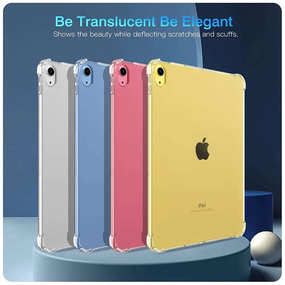 Vier durchsichtige iPad-Hüllen in Grau, Blau, Pink und Gelb, von vorne, aus Kunststoff.