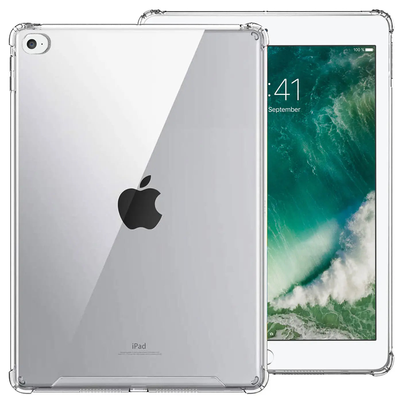 Klar transparente Hülle aus Kunststoff für ein iPad Air 2, von hinten und vorne gezeigt.