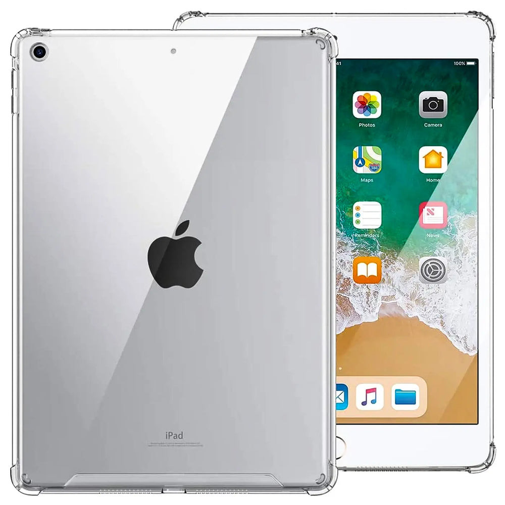 Klarfarbene Hülle aus Kunststoff schützt ein iPad Air (1. Gen.). Vorder- und Rückansicht.