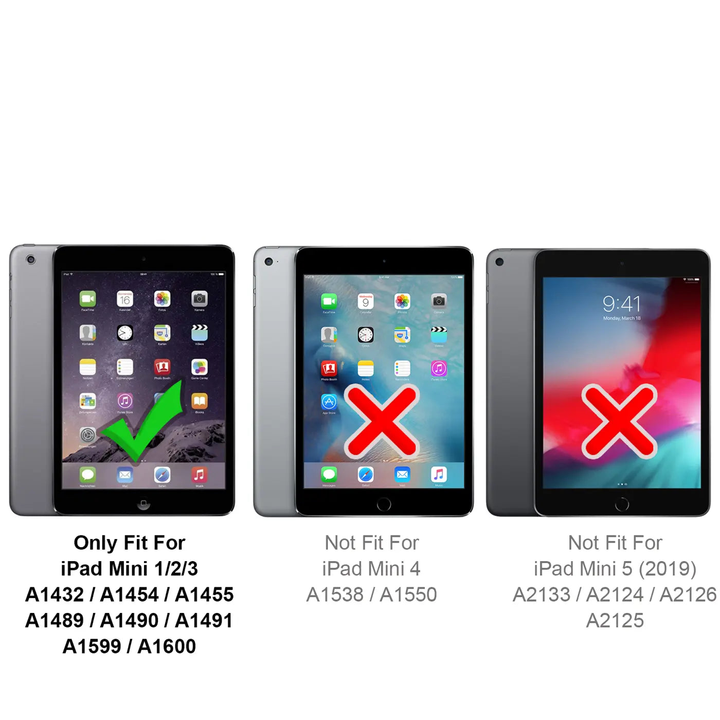 Drei iPads, eines mit grünem Haken, zwei mit roten Kreuzen. Silber.