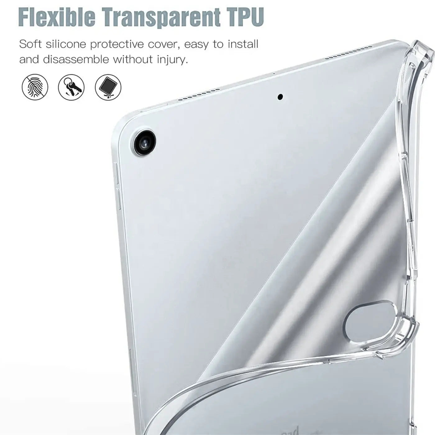 Klares, transparentes TPU-Case auf einem silbernen 10,5" iPad Pro, von hinten rechts oben fotografiert.