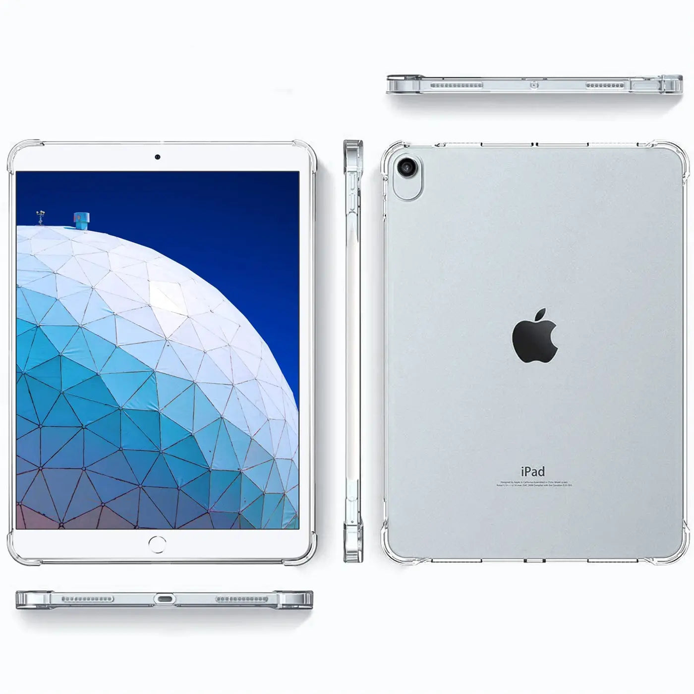 Klares, stoßfestes TPU-Case für ein 10,5" iPad Pro, von vorne, hinten, oben und unten gezeigt.