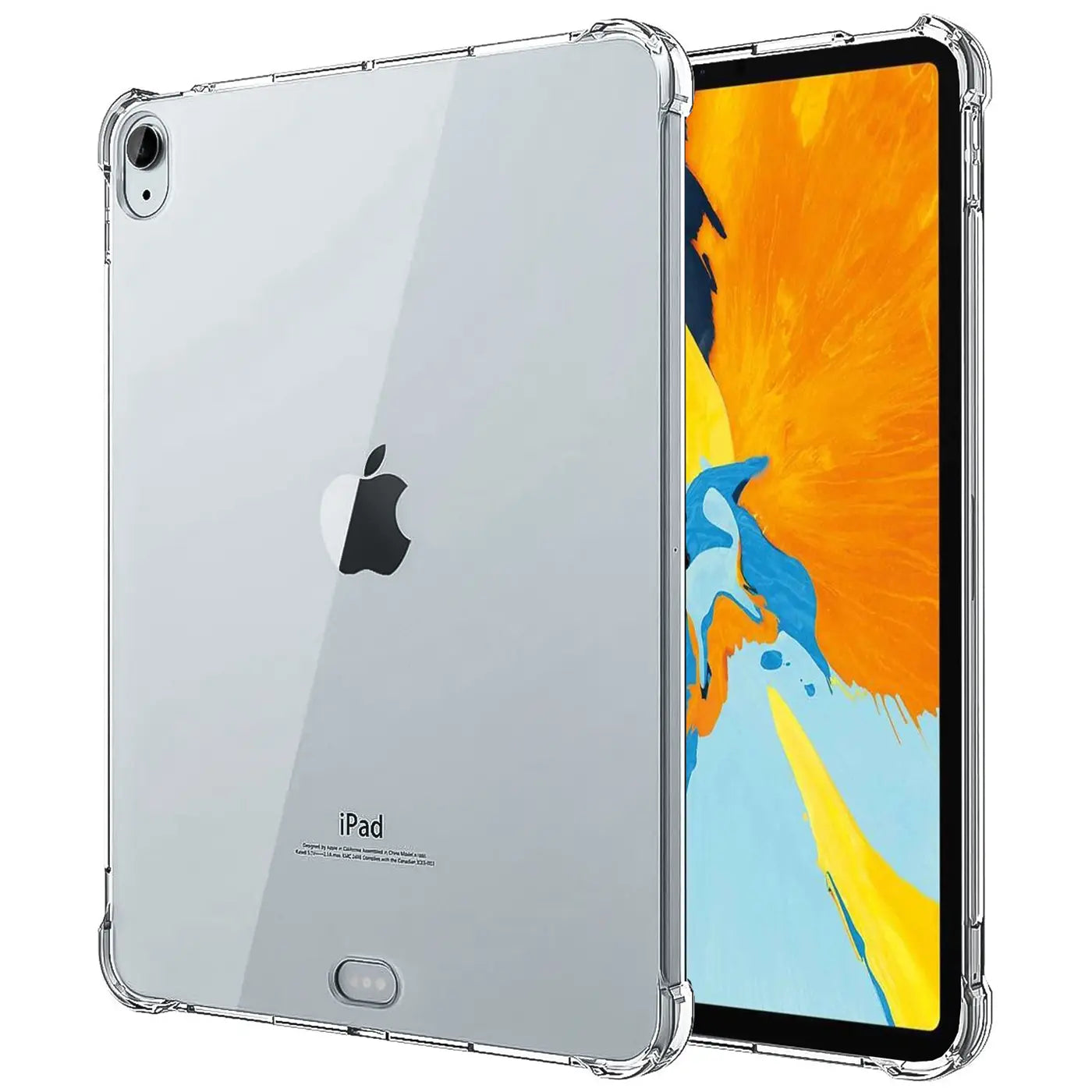 Klares, stoßfestes TPU-Case auf einem silbernen 11" iPad Pro (1. Gen.), leicht schräg von hinten rechts.