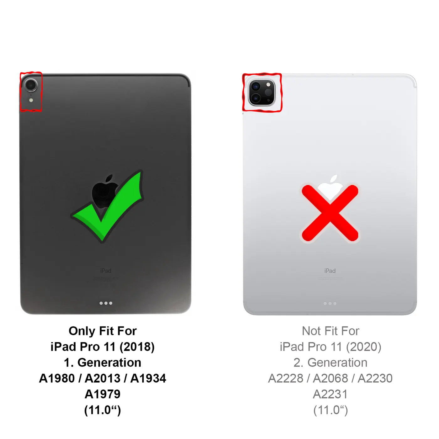Rückseite eines grauen iPad Pro 11 (1. Gen.) mit Einzelkamera und grünem Haken, daneben ein silbernes iPad Pro 11 (2. Gen.).