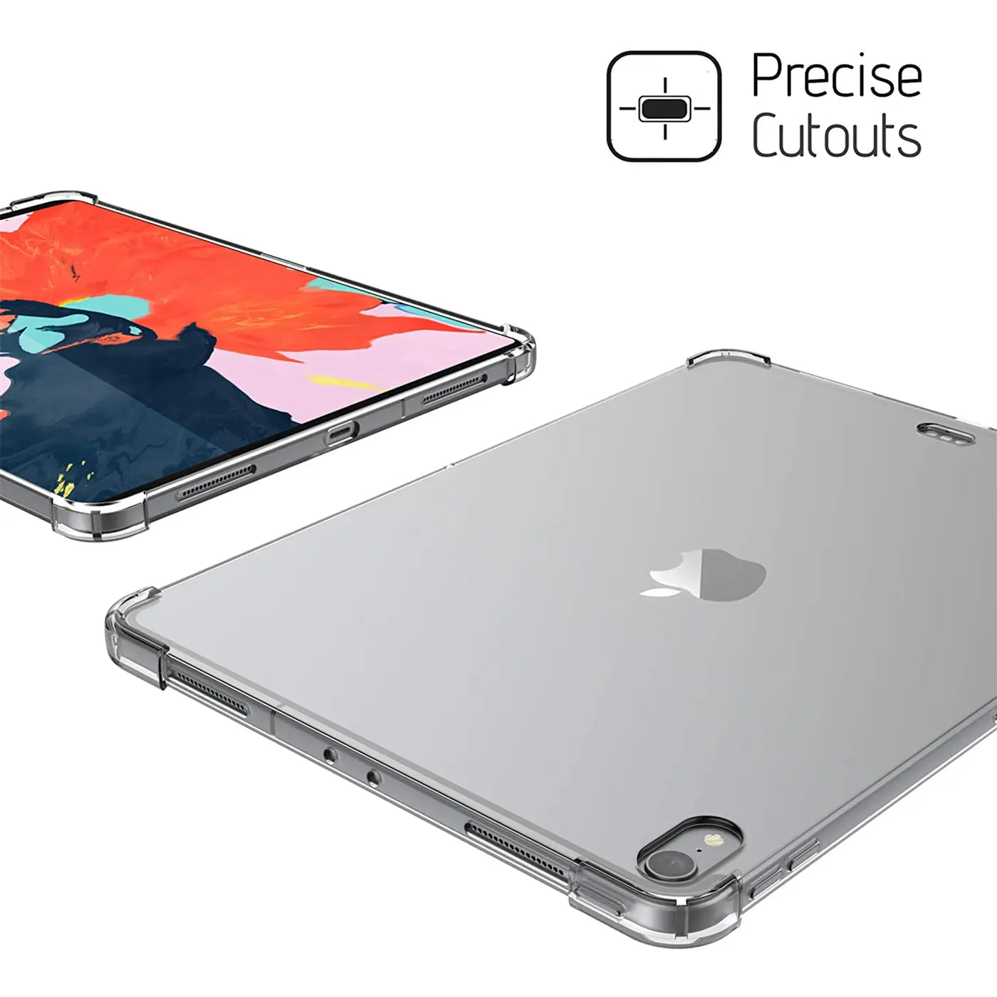 Klarer, stoßfester TPU-Schutz für ein 11" iPad Pro, Vorder- und Rückseite schräg von oben gezeigt.