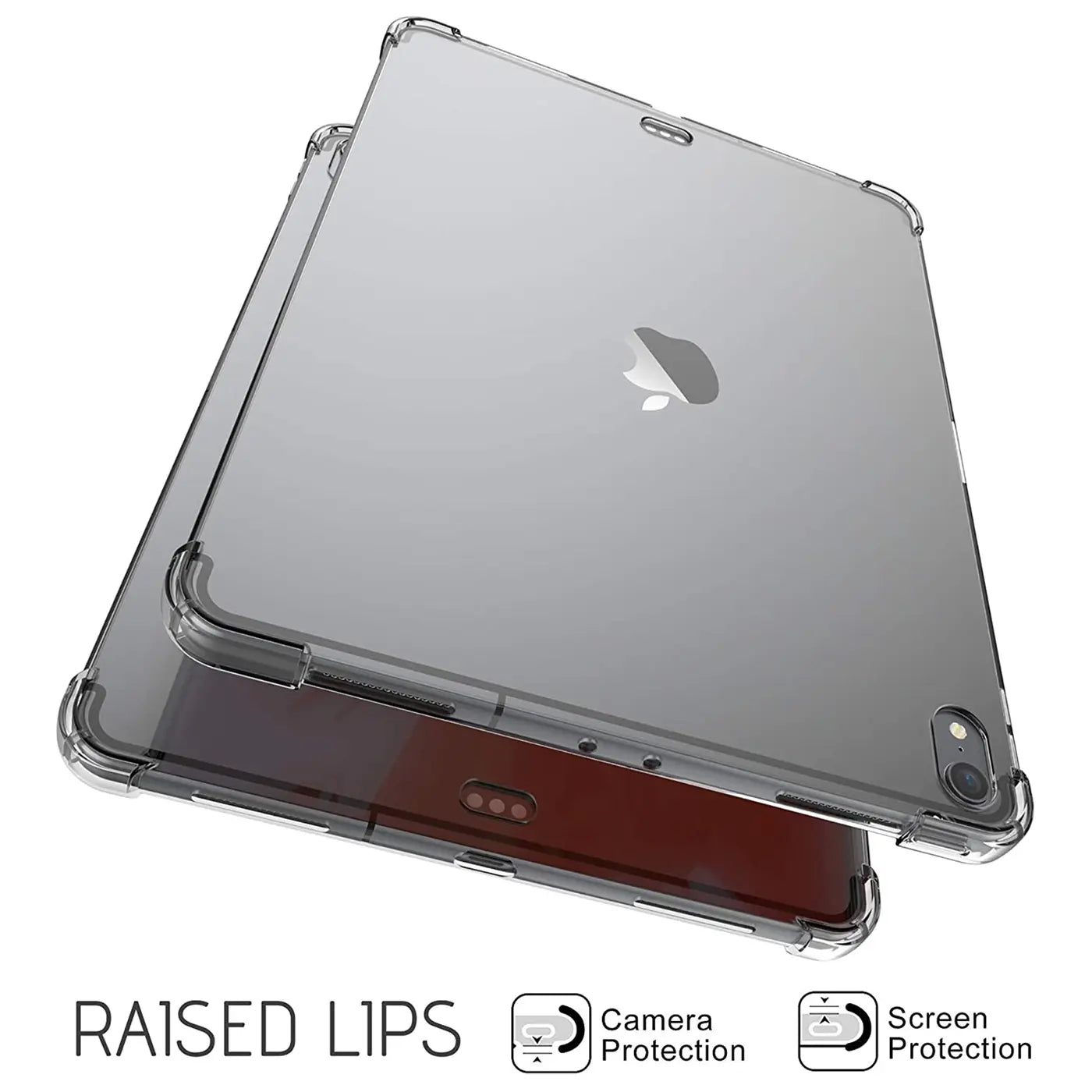Zwei transparente, stoßfeste TPU-Hüllen für ein 11" iPad Pro (1. Gen.), schräg von oben auf weißem Grund.