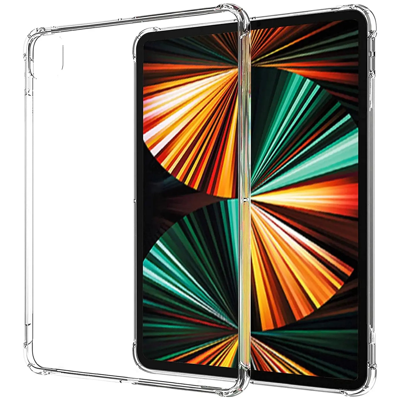 Transparente, stoßfeste TPU-Hülle für 11" iPad Pro (2. Gen.) von vorne links, neben einem iPad mit abstraktem Hintergrund.