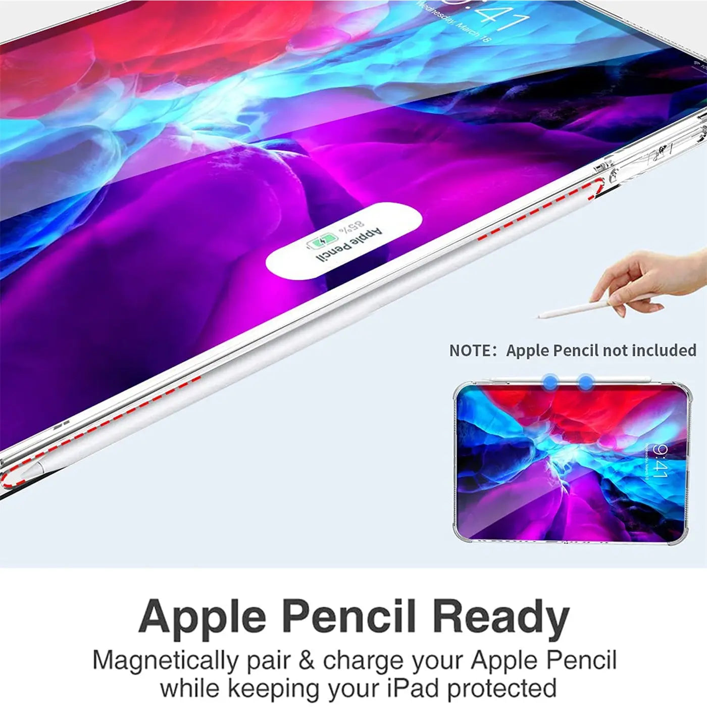 Klares, stoßfestes TPU-Case für ein 11" iPad Pro (2. Gen.) mit Apple Pencil Ladefunktion, schräg von oben.