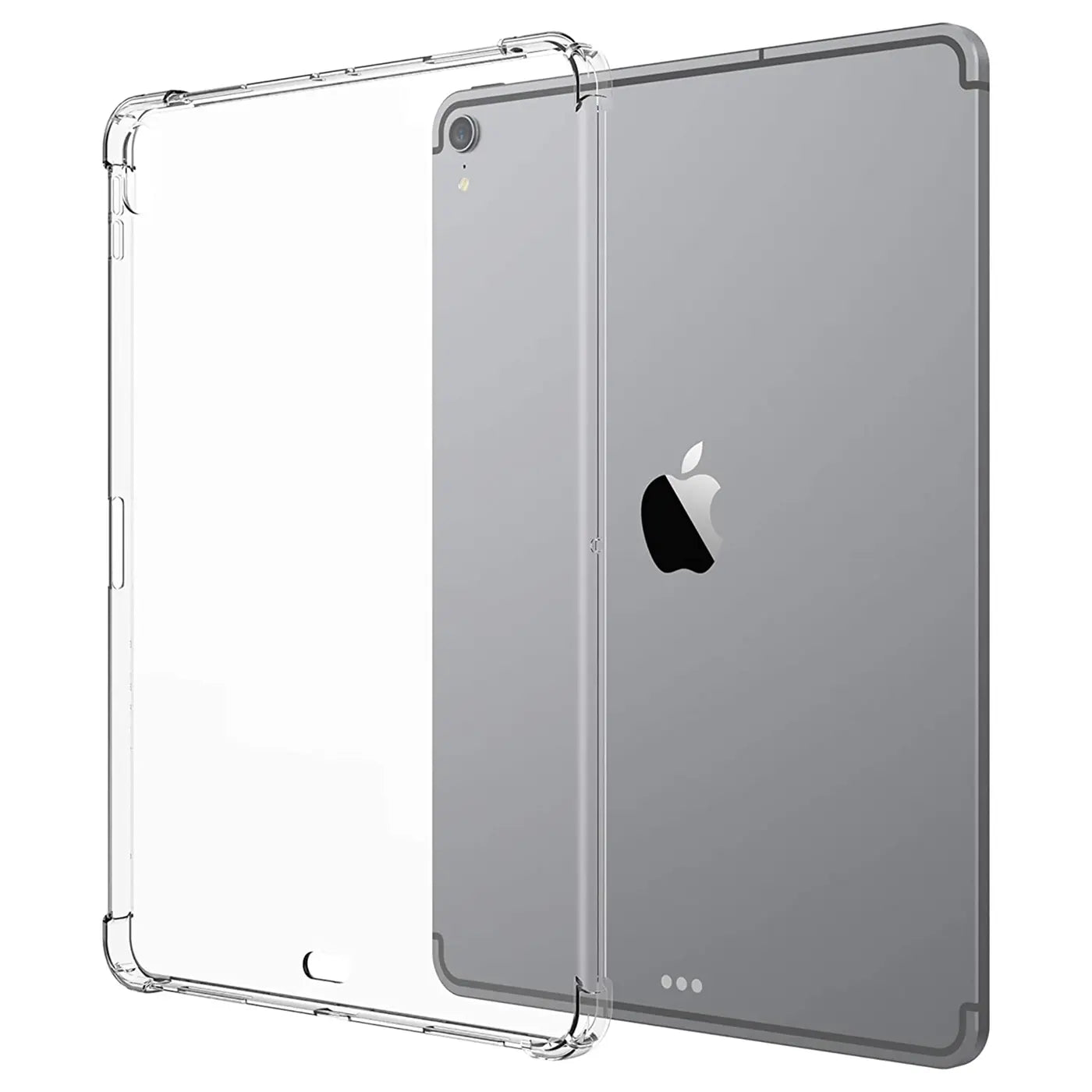 Transparente, stoßfeste TPU-Hülle für ein silbernes iPad Pro (3.-5. Gen.), von hinten links oben gesehen.