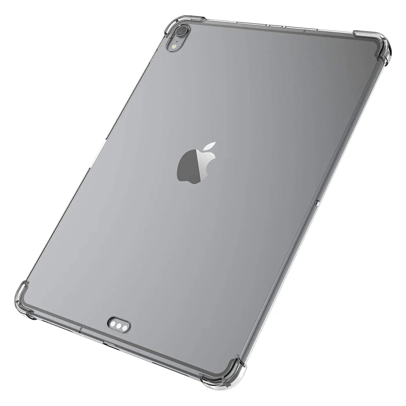 Klares, stoßfestes TPU-Case auf der Rückseite eines grauen 12,9" iPad Pro (3.-5. Gen.), schräg von oben.