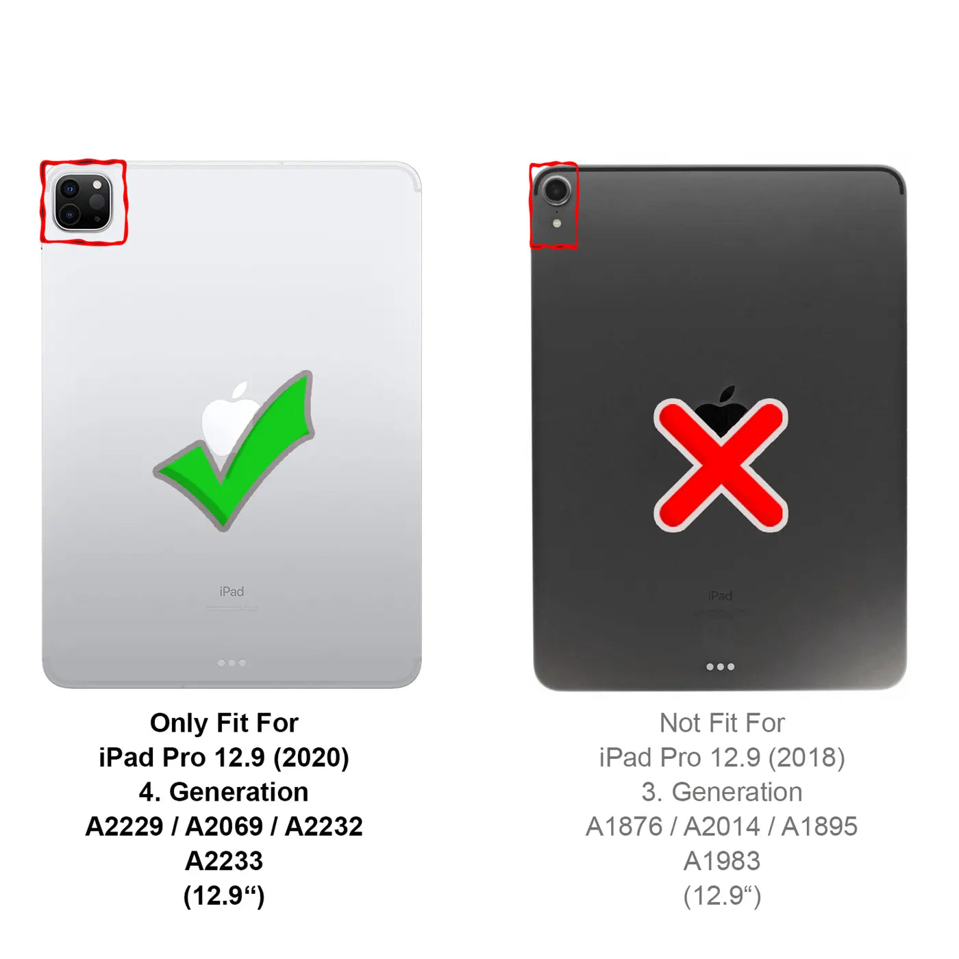 Rückansicht von zwei iPads: links ein silbernes iPad Pro (2020) mit großem Kameraausschnitt und Haken, rechts ein graues.