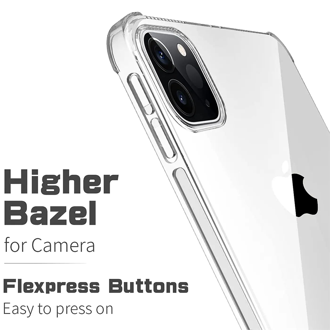 Klares, stoßfestes Silikon-Case für ein iPad Pro (3.-5. Gen.) von hinten rechts oben, zeigt Kamera und Lautstärketasten.