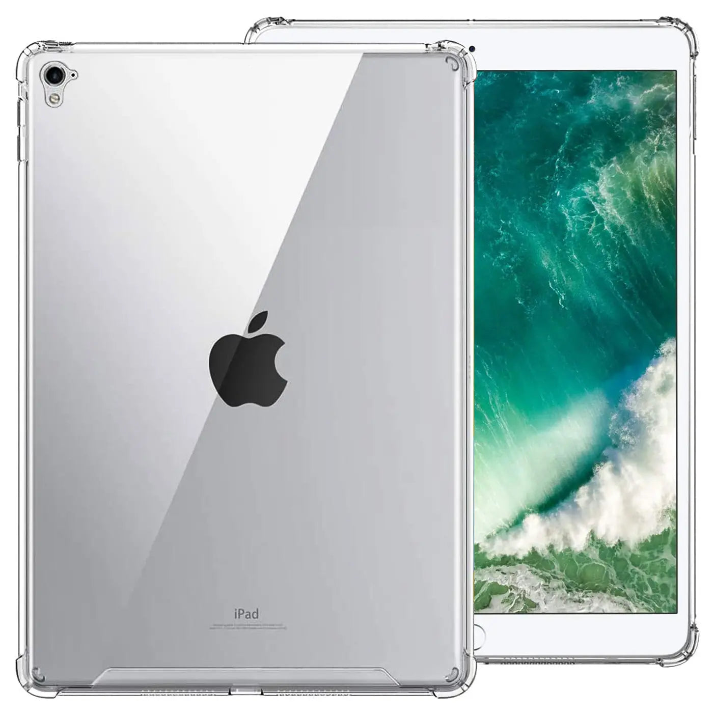 Klares, stoßfestes Silikon-Case auf einem silbernen 9,7" iPad Pro, Rückseite links, Vorderseite rechts mit.