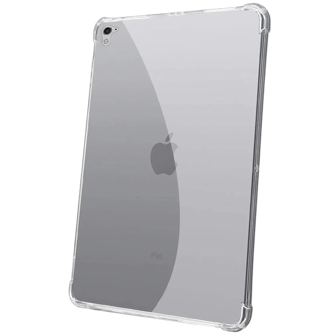 Klarer, stoßfester TPU-Schutz für ein silbernes 9,7" iPad Pro, von hinten links oben gesehen.