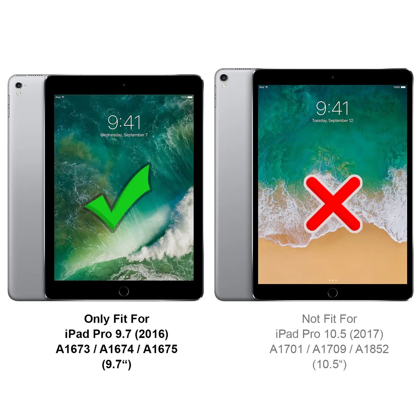 Zwei silberne iPads von oben: links ein 9.7" iPad Pro (2016) mit grünem Haken, rechts ein 10.5" iPad Pro (2017) mit rotem X.