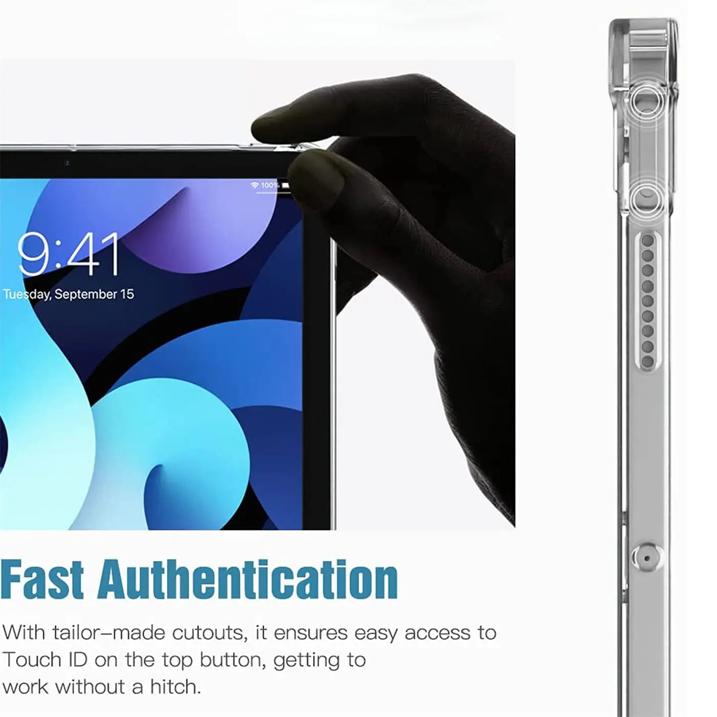 Klarer, stoßfester TPU-Schutz für 9,7" iPad Pro. Finger drückt Power-Taste. Seitliche Ansicht der Hülle mit Aussparungen.