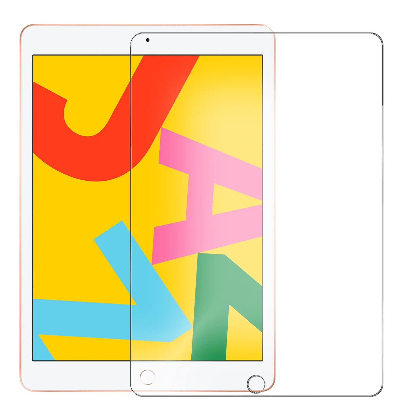 Transparentes Panzerglas für iPad (7.–9. Gen.) von schräg oben, halb auf dem Display liegend.