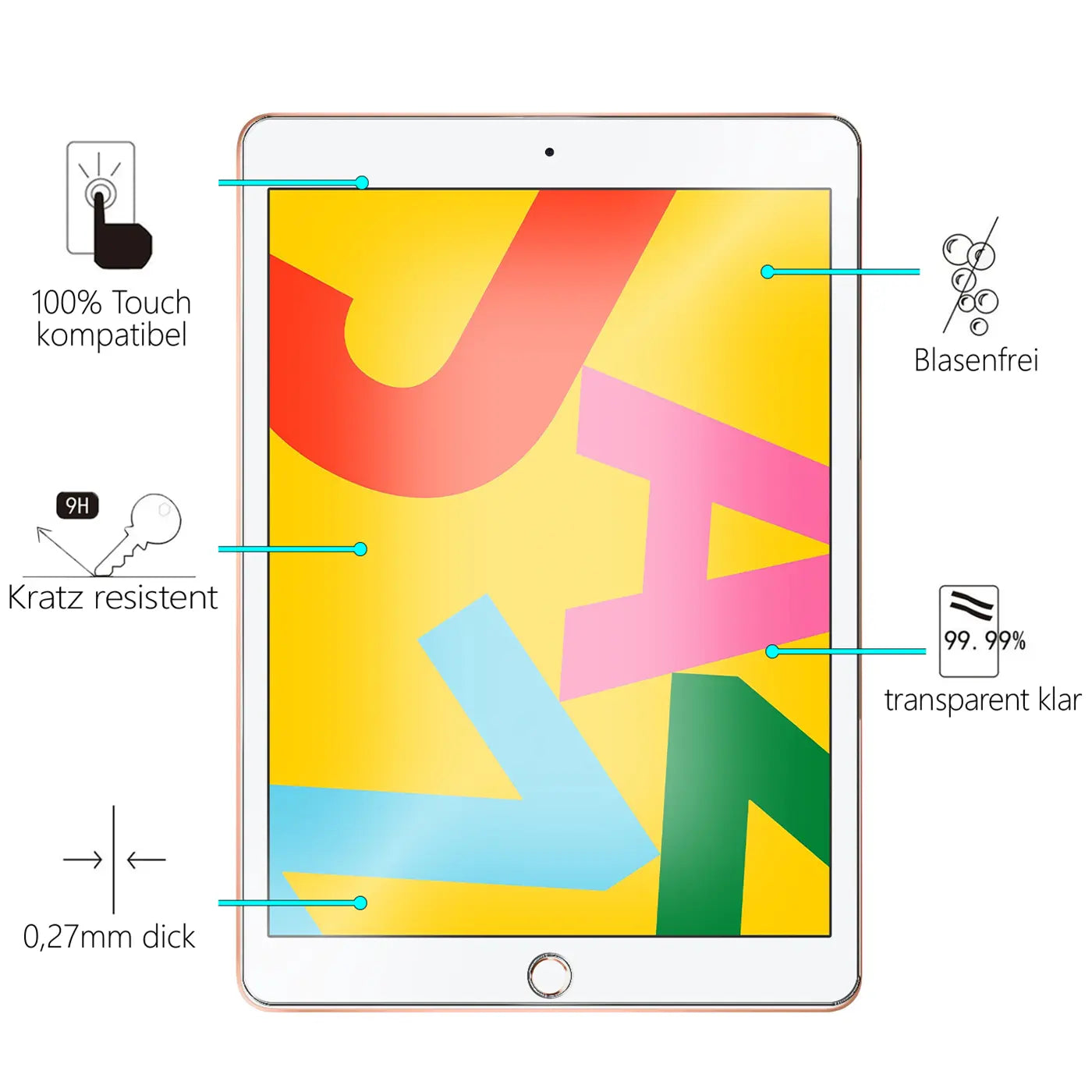 Goldfarbenes iPad von vorne, mit Display-Schutzfolie und blauen Linien zu Eigenschaften wie "Kratz resistent".