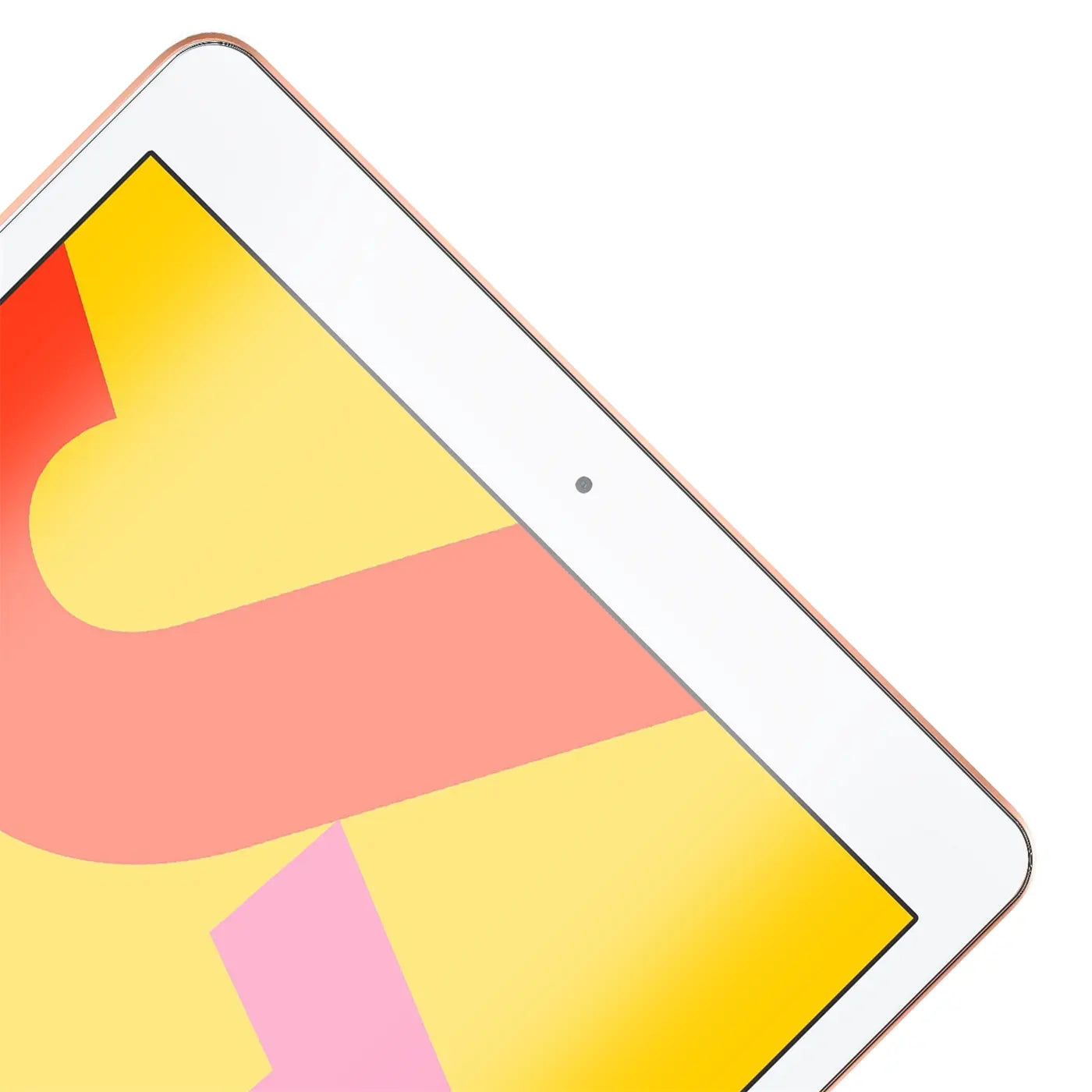 Nahaufnahme eines roségoldenen iPad (7.-9. Gen.) von oben links, mit weißem Rahmen und bunter Display-Anzeige.