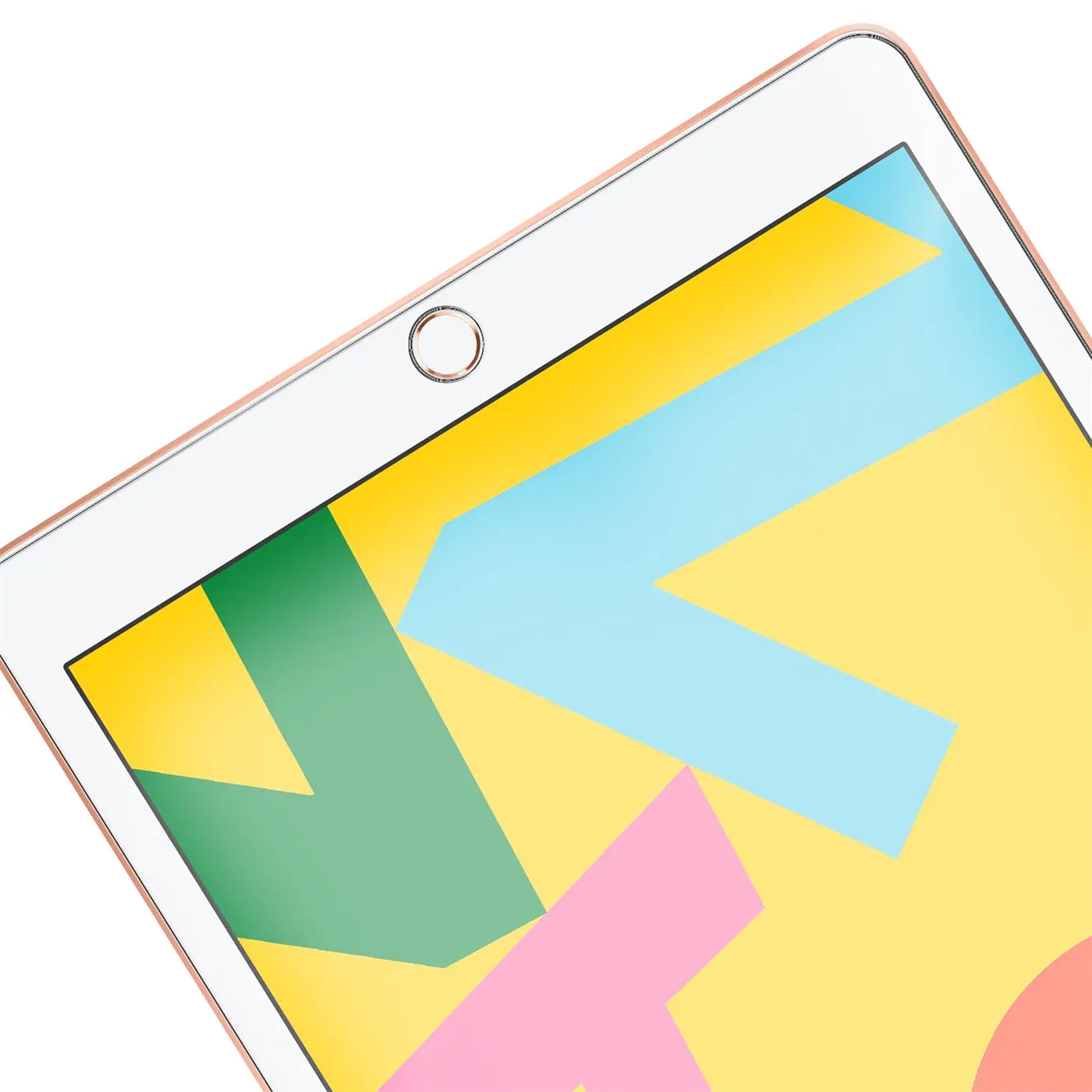 Nahaufnahme eines weißen iPad (7.-9. Gen.) mit roségoldenem Rahmen, schräg von oben, mit buntem Display.