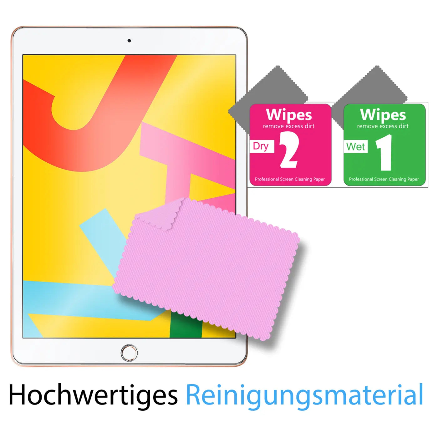 iPad (7.-9. Gen.) von oben, daneben ein rosa Mikrofasertuch und zwei Reinigungstücher (Wet/Dry) in Grün/Pink.