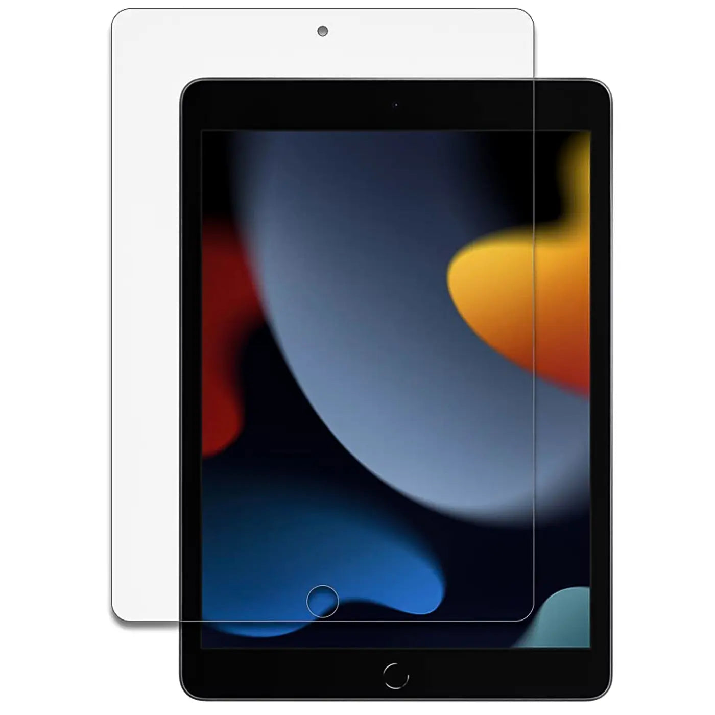 Klares Panzerglas für iPad (7.-9. Gen.) von vorne, leicht schräg über dem Display eines schwarzen iPads schwebend.