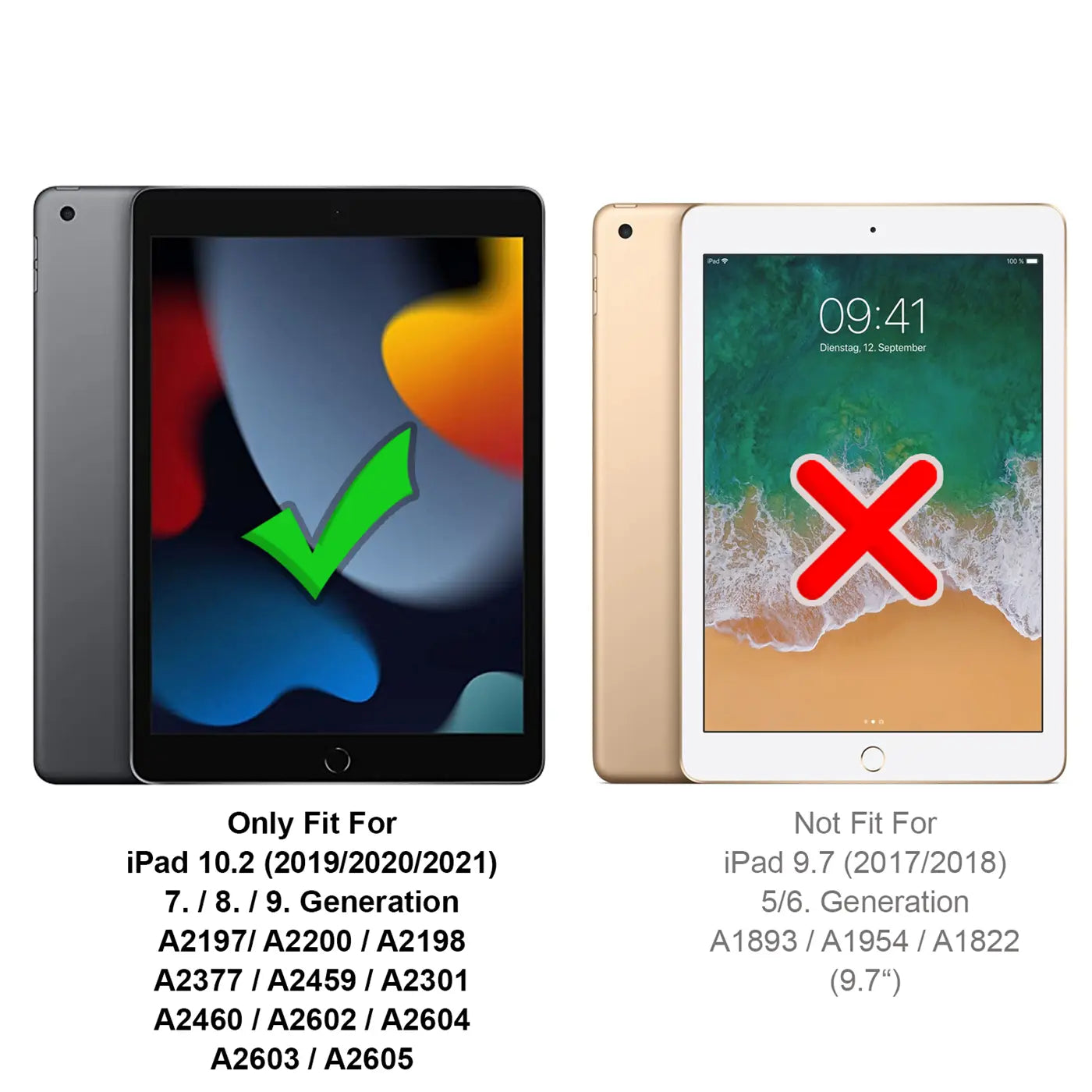 Zwei iPads, links ein graues iPad 10.2 mit grünem Haken, rechts ein goldenes iPad 9.7 mit rotem X.