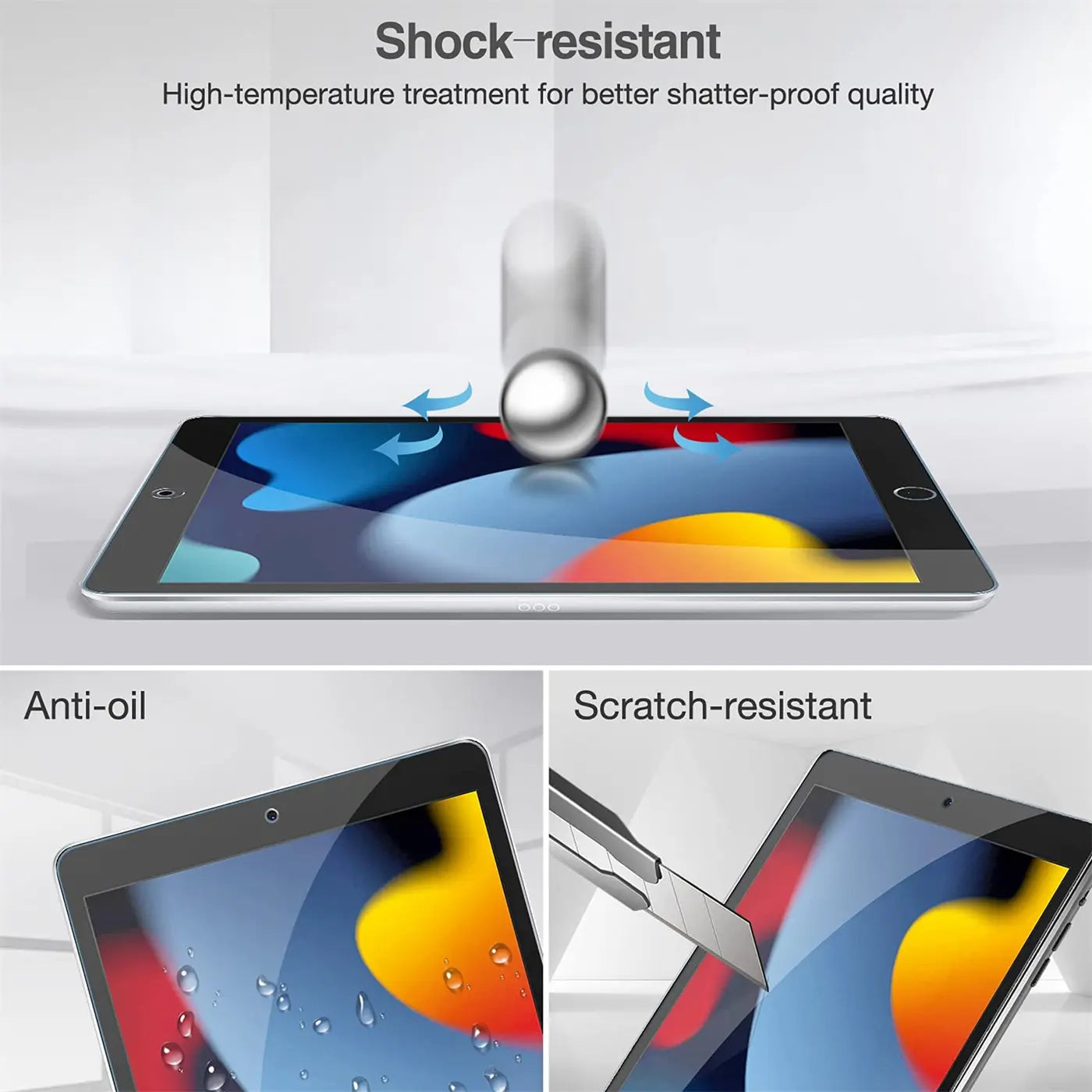 Drei Bilder zeigen ein silbernes iPad mit schwarzem Display. Oben: Metallkugel prallt ab. Unten links: Wassertropfen auf.