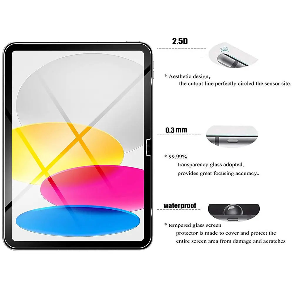 iPad (10. Gen.) mit Displayschutz aus gehärtetem Glas, Vorderansicht, transparent