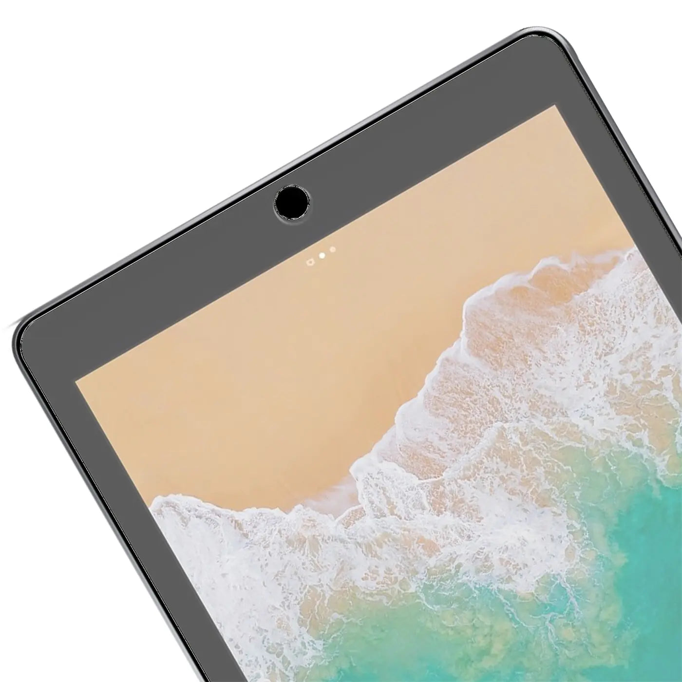 Nahaufnahme eines iPad (5.-6. Gen.) mit schwarzem Displayrand und Panzerglas, schräg von oben.