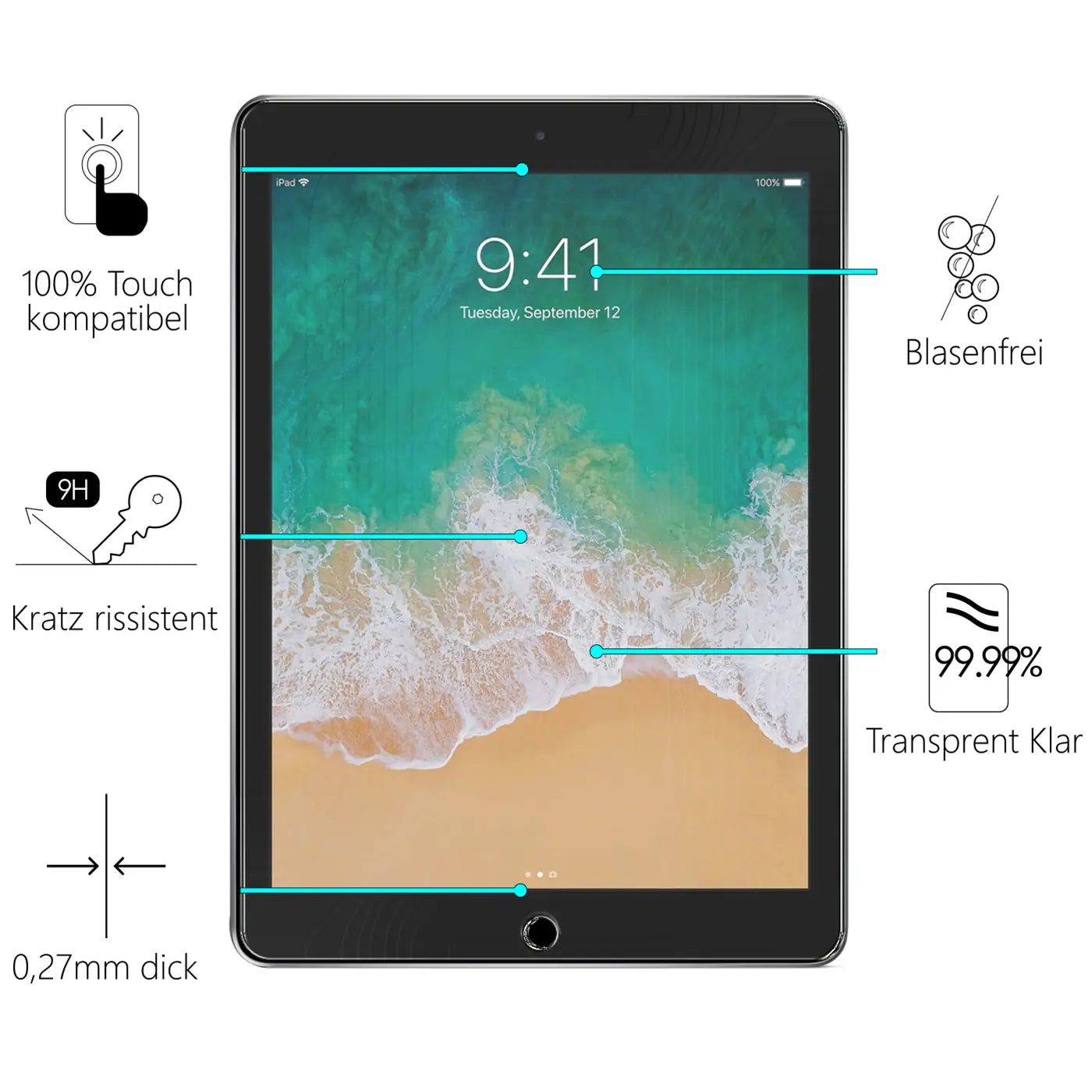 iPad Air (1. Gen.) mit transparentem Panzerglas-Displayschutz (9H) von vorne. Eigenschaften sind mit Linien markiert.