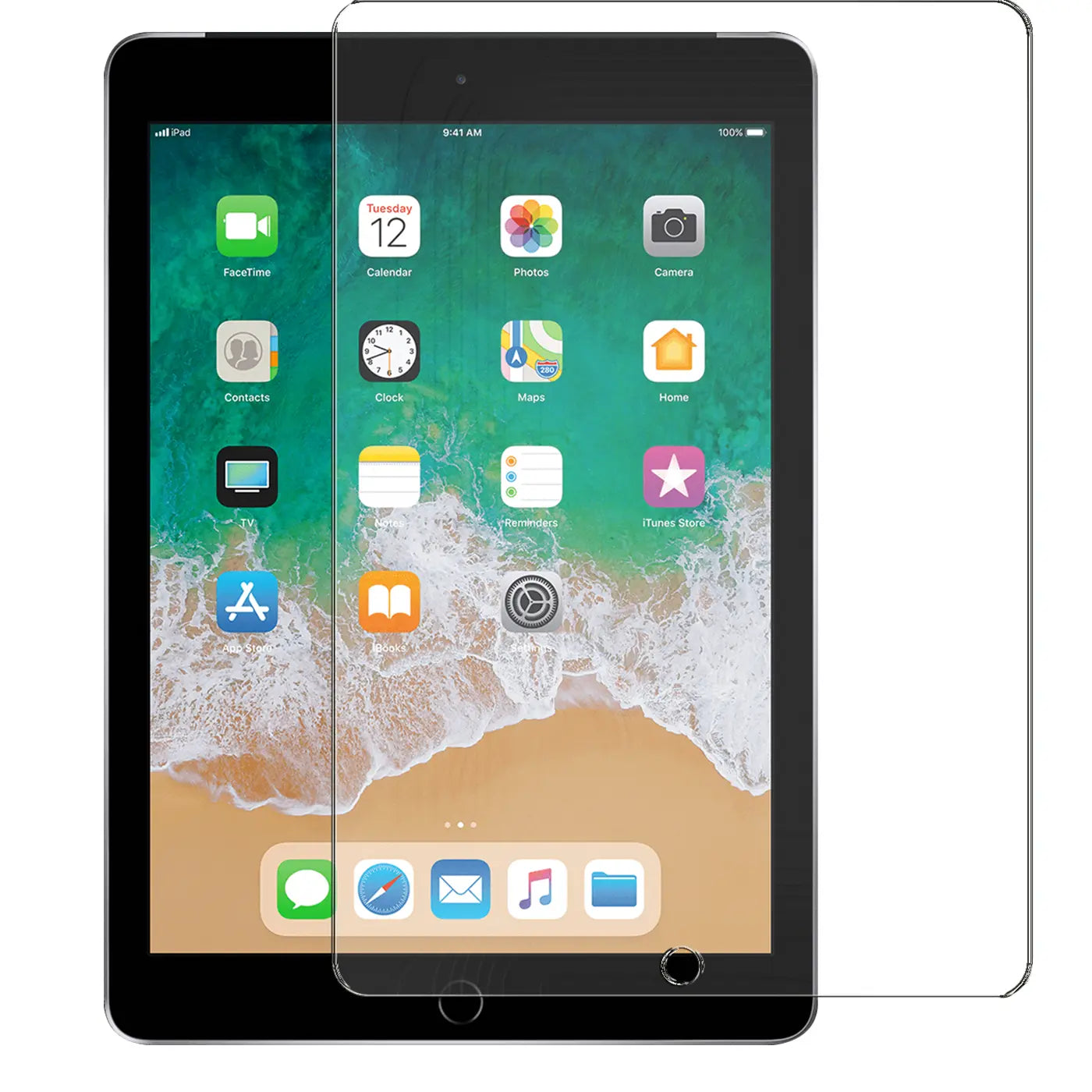 Transparentes Panzerglas für iPad Air 2, von vorne rechts auf schwarzem iPad-Bildschirm mit App-Icons.
