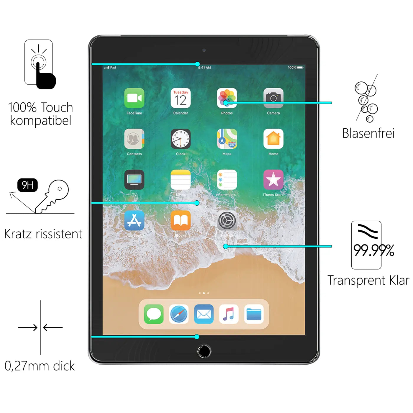 Schwarzes iPad Air 2 mit Display und Icons, umgeben von Produktmerkmalen wie "Kratz resistent" und "0,27mm dick".