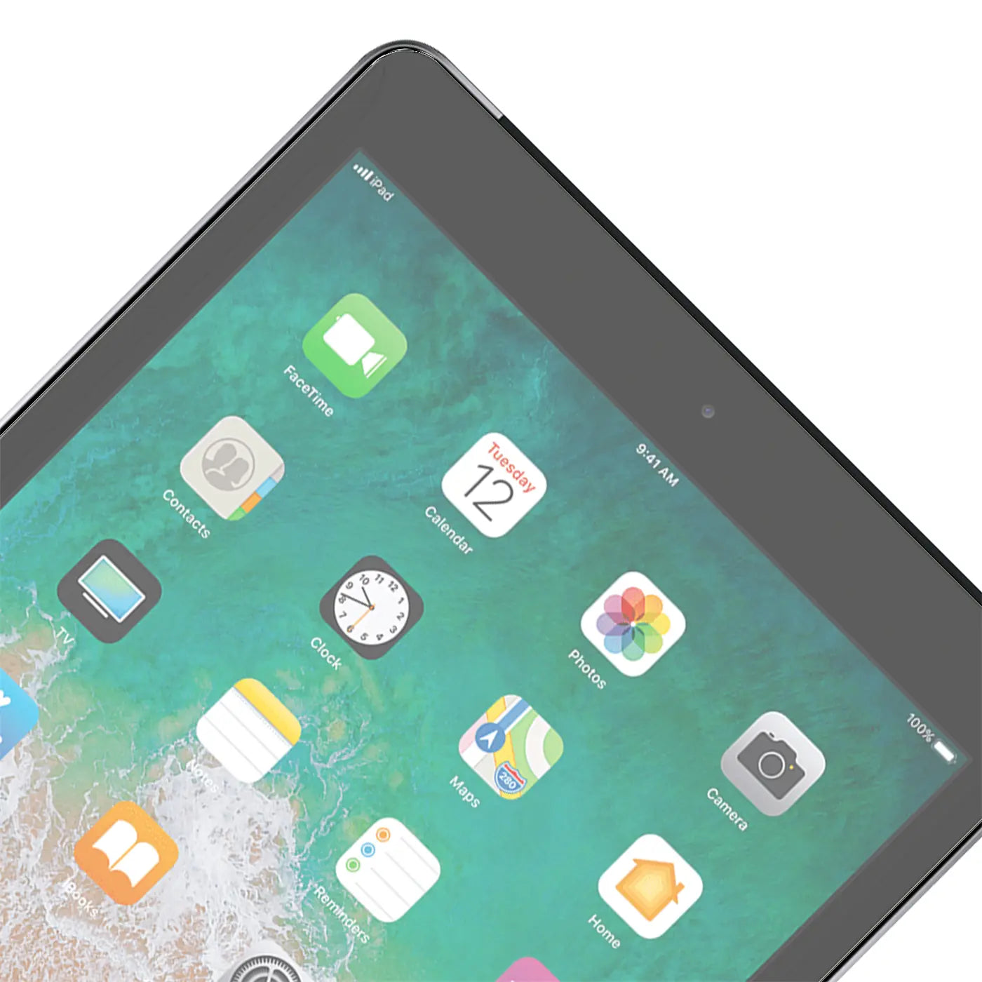 Schwarzes iPad Air 2 Display mit bunten App-Icons, schräg von oben rechts fotografiert.