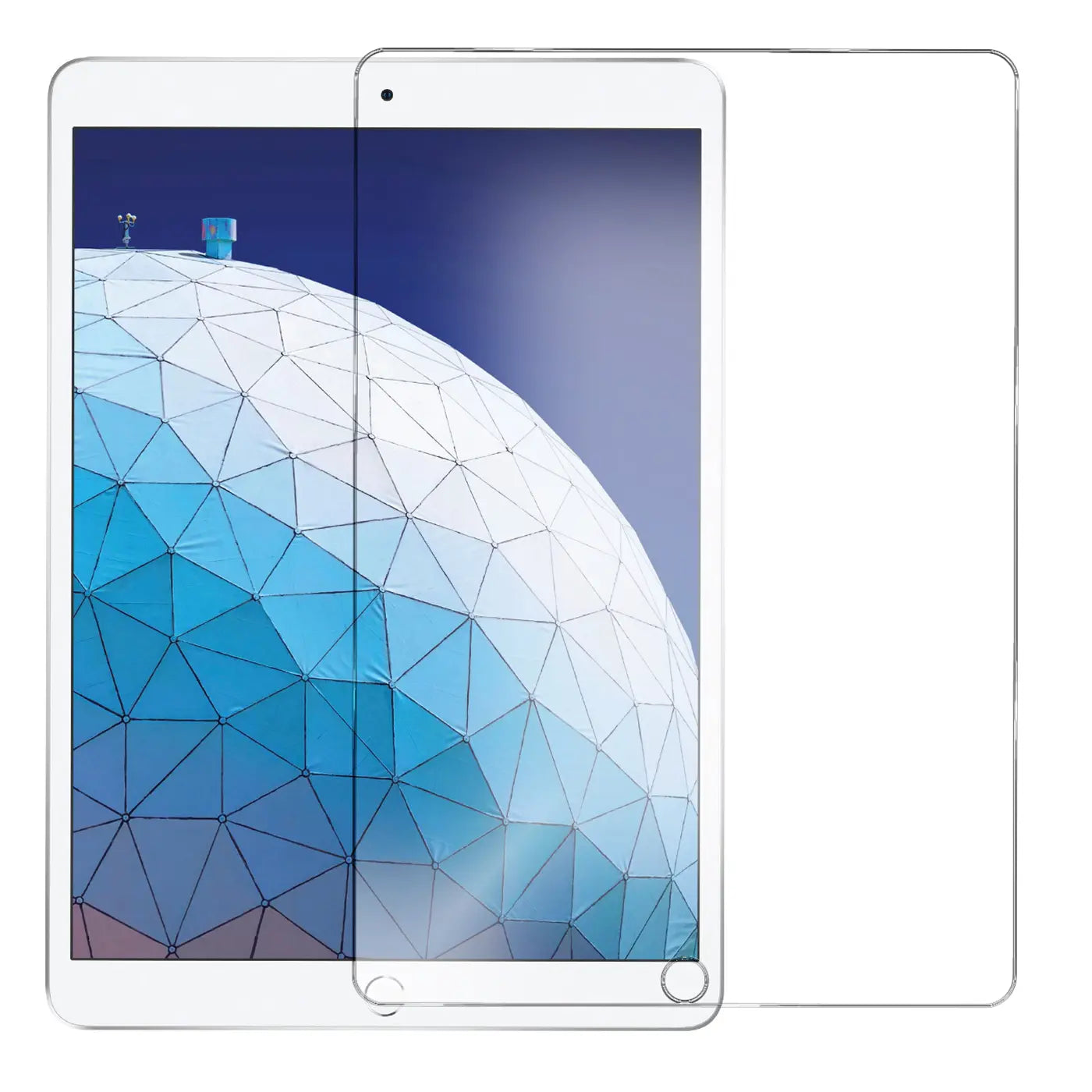 Klares Panzerglas für iPad Air 3. Gen. von vorne, halb auf dem Display, halb daneben, auf weißem Hintergrund.