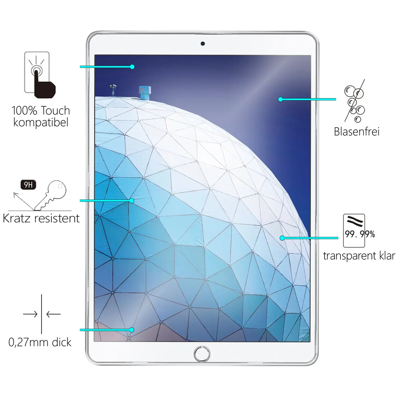 Weißes iPad Air (3. Gen.) mit transparentem Panzerglas-Displayschutz von vorne, umgeben von Icons mit Produktmerkmalen.