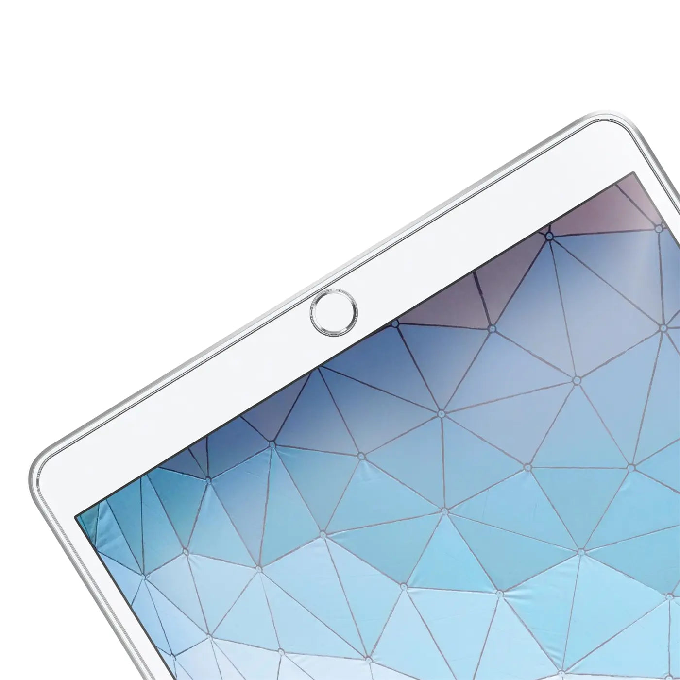 Oberer Bereich eines weißen iPad Air (3. Gen.) mit Panzerglas-Displayschutz, schräg von oben.