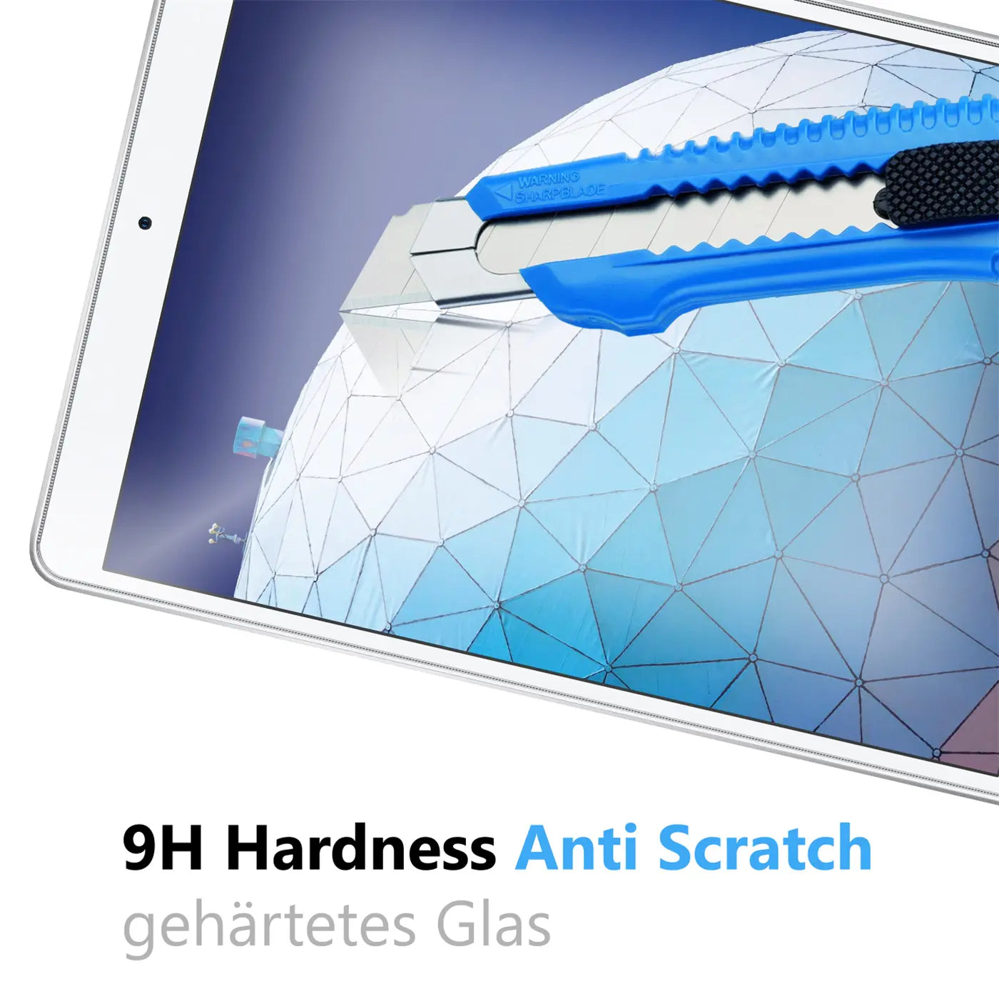 Weißes iPad Air (3. Gen.) mit blauem Cuttermesser auf dem Display, das ein geometrisches Muster zeigt.