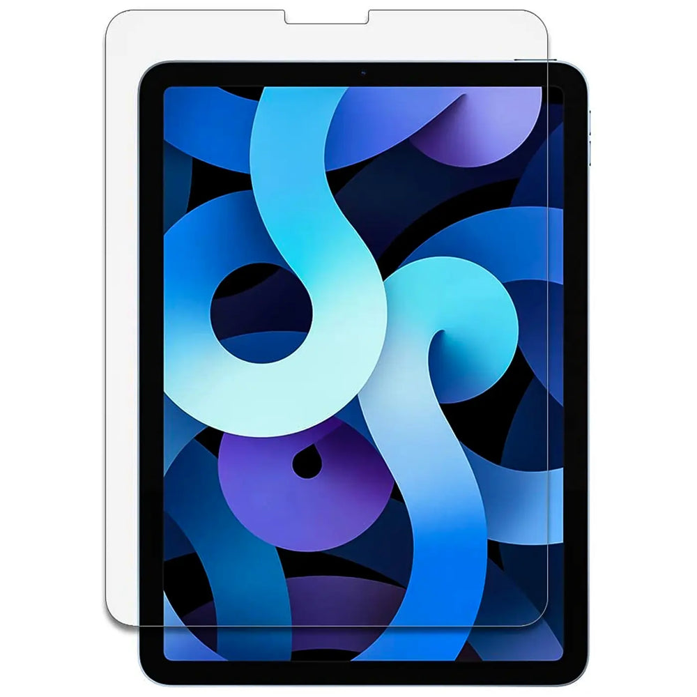 Transparentes Panzerglas für iPad Air (4. Gen.) von vorne, leicht links versetzt über dem Display.
