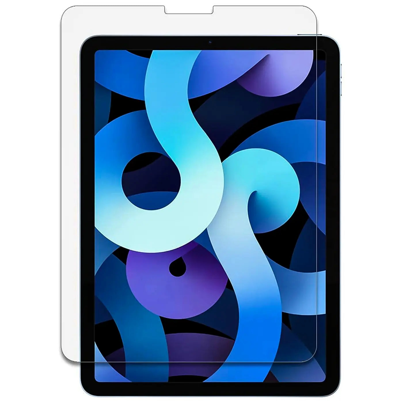 Transparentes Panzerglas für iPad Air (4. Gen.) von vorne, leicht links versetzt über dem Display.