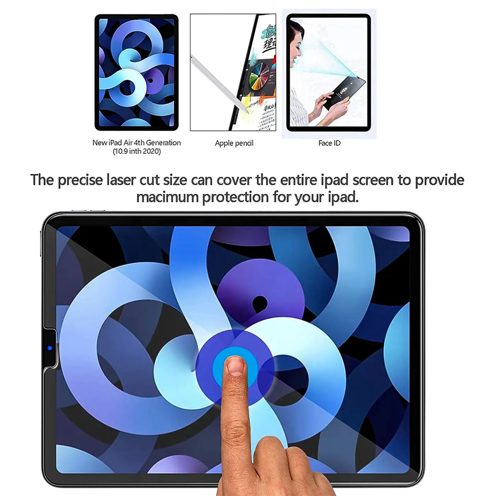 Schwarzes iPad Air (4. Gen.) mit Panzerglas, Finger tippt auf Display, oben 3 kleine Info-Bilder.