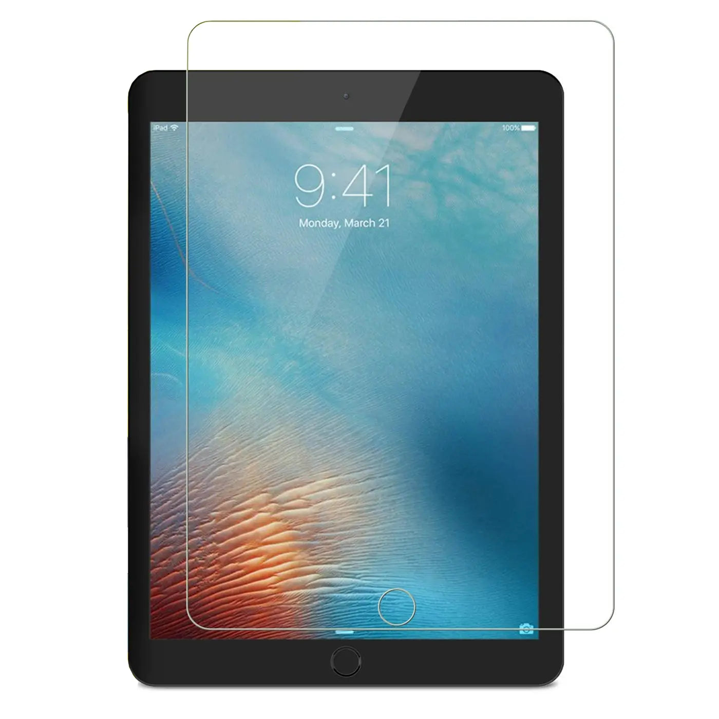 Transparentes Panzerglas für iPad mini 4, von vorne auf schwarzem Tablet mit Display-Hintergrundbild.