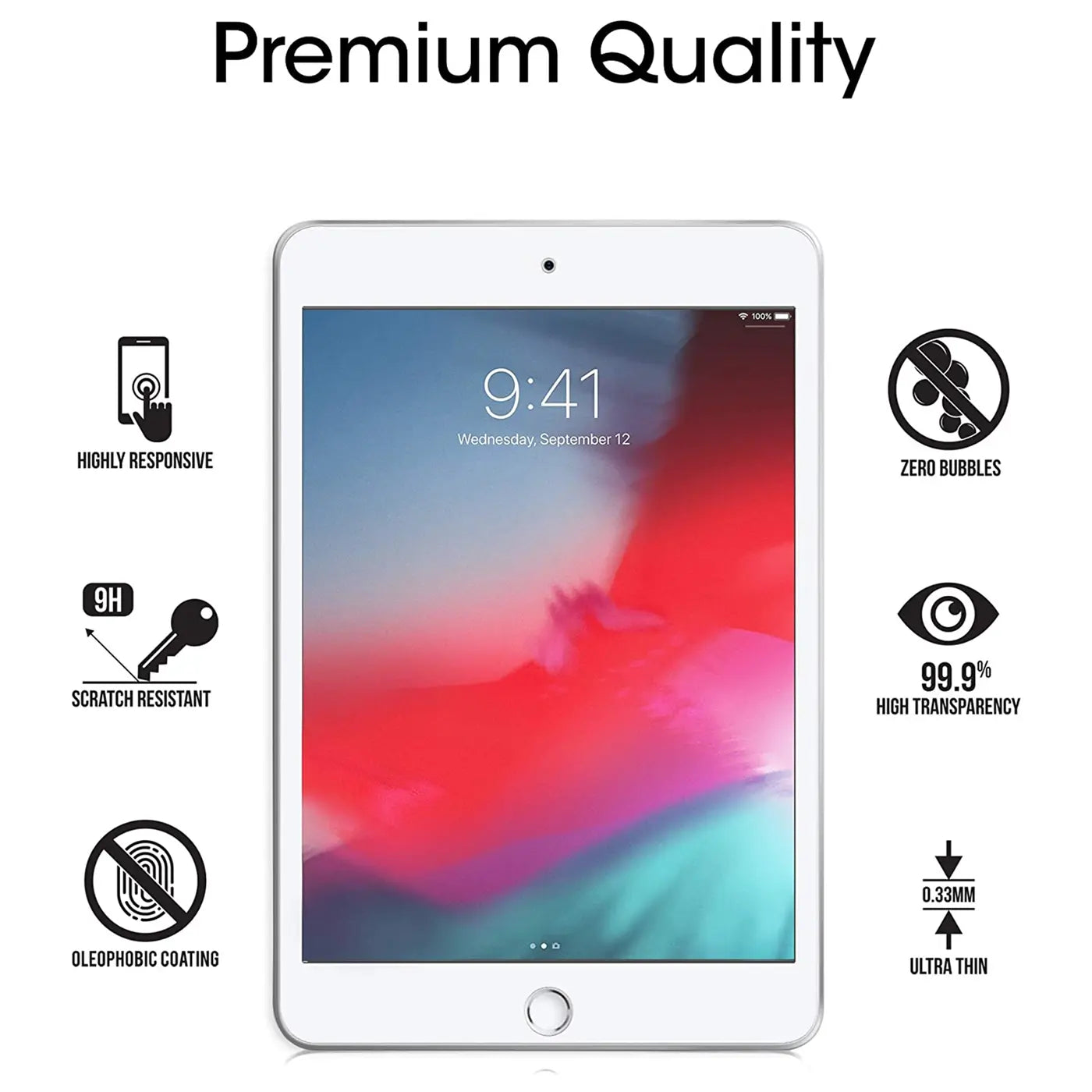 Weißes iPad mini 4 mit rotem/blauem Display-Hintergrund, umgeben von schwarzen Icons mit Produktmerkmalen.