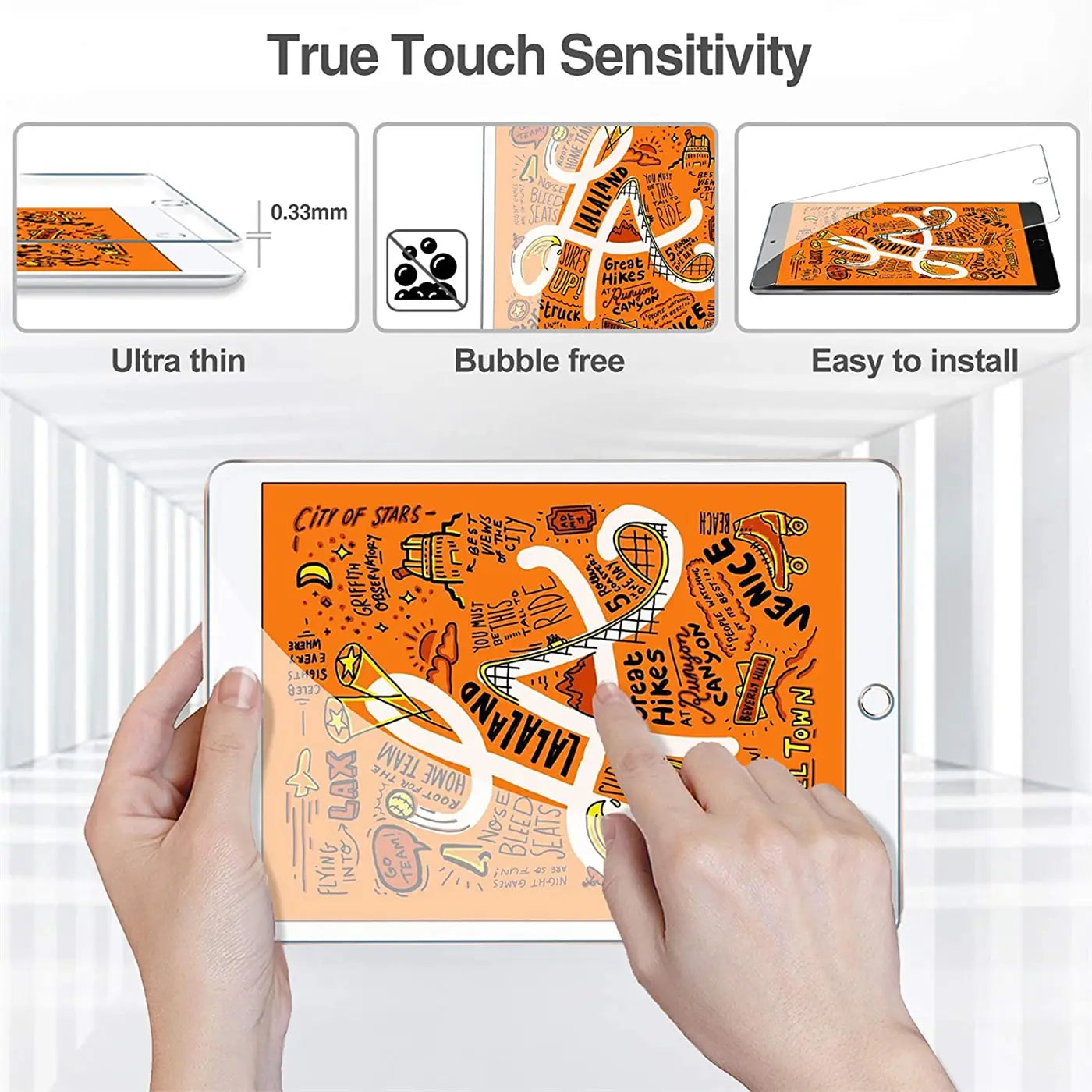 Hände bringen transparentes Panzerglas auf ein weißes iPad mini 4 mit orangefarbenem Display. Oben: Details zu 0,33mm Dicke.